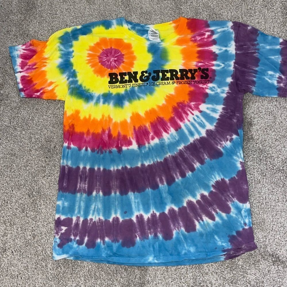 Vintage Ben Jerrys Unisex Tie Dye Spell Out Vermont Ice Cream Rainbow Tee shirt